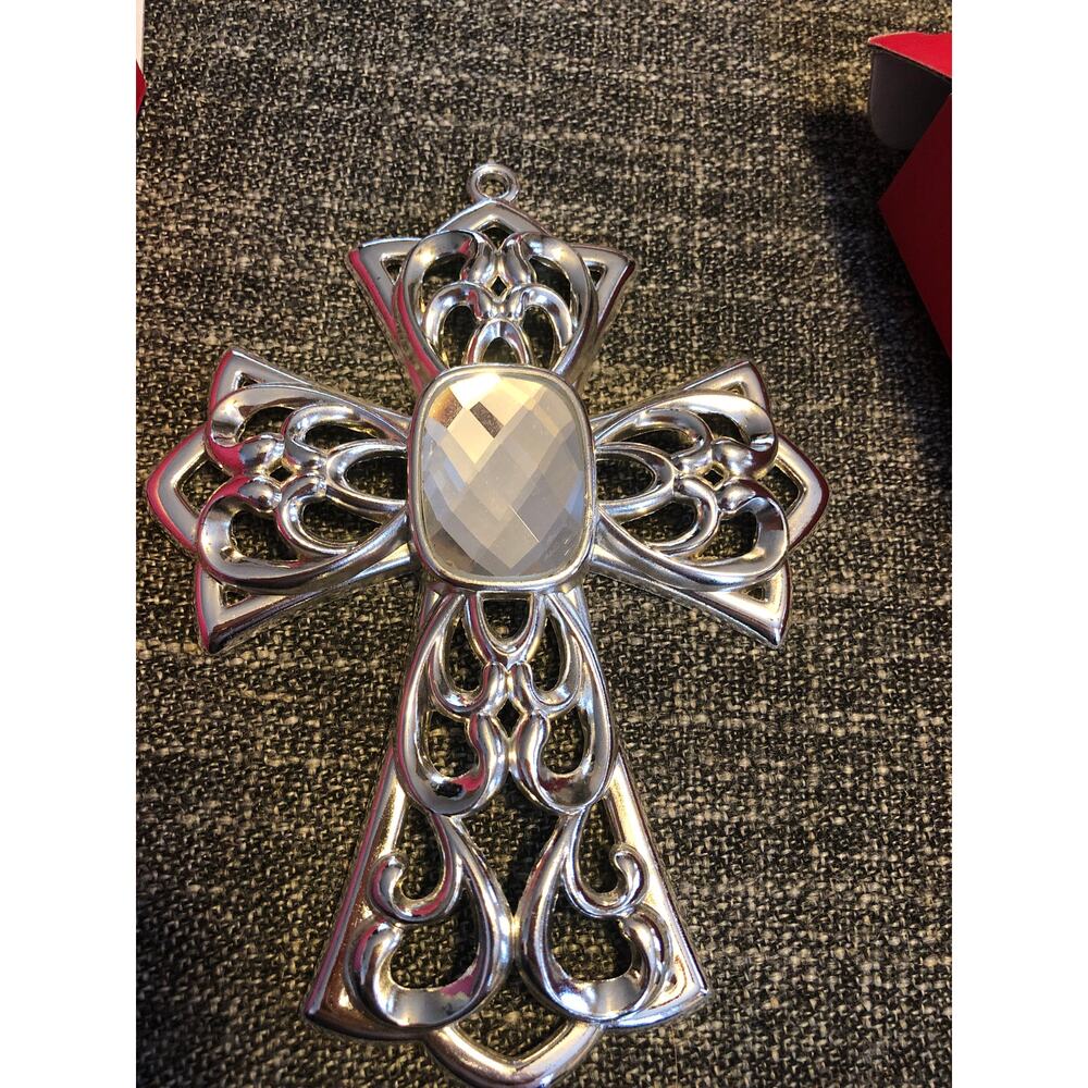Lenox Cross Bejeweled Clear Crystal cross ornament silver plate 4  3/4”